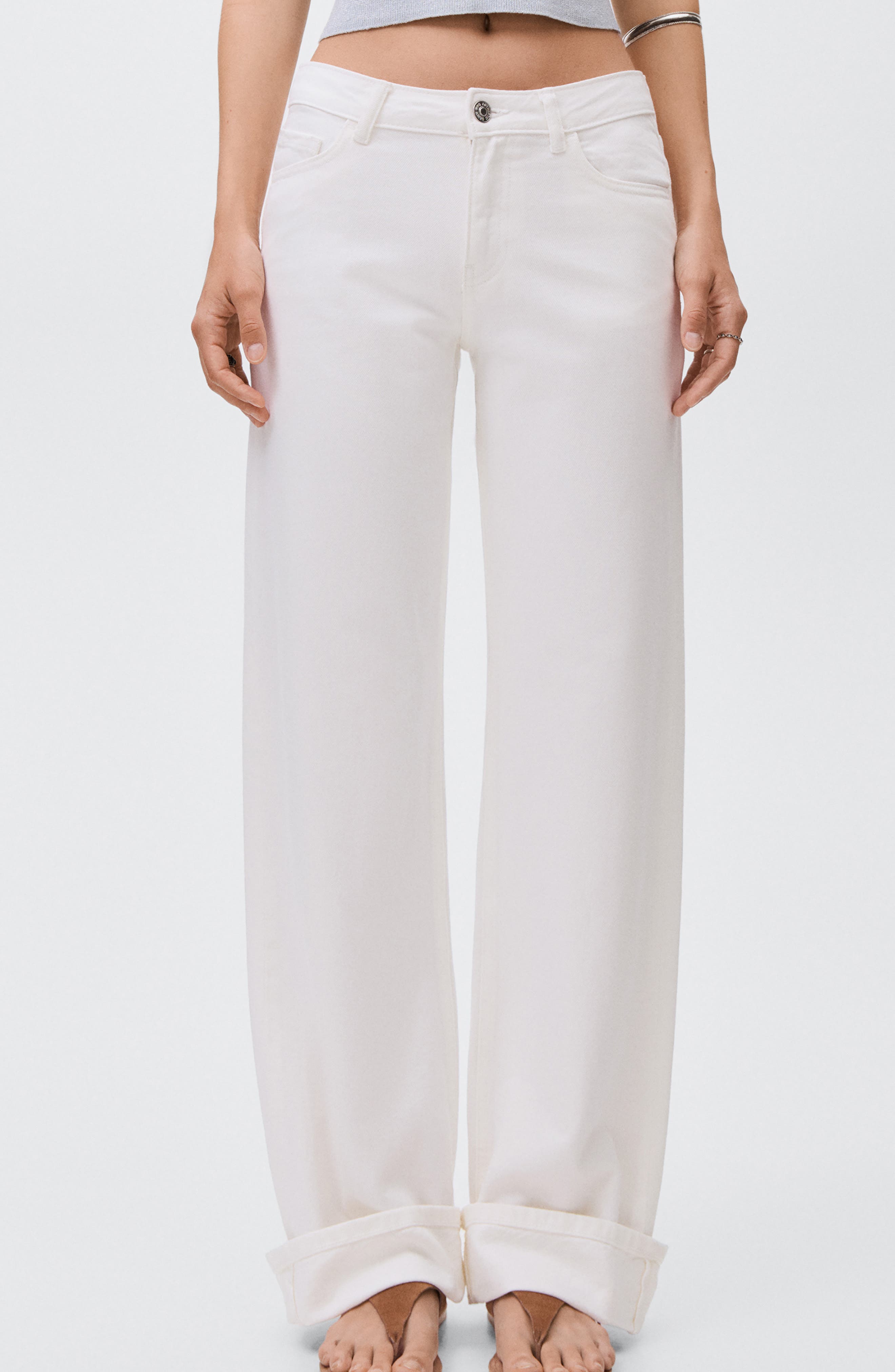 Mango Teen Cuff Hem Wide Leg Jeans In Neutral