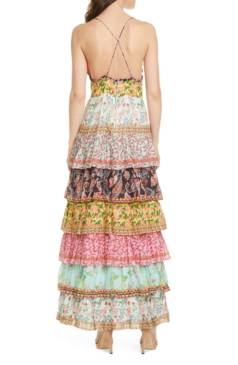 Alice + Olivia Imogene Mixed Print Tiered Ruffle Cotton Maxi Dress, Alternate, color,