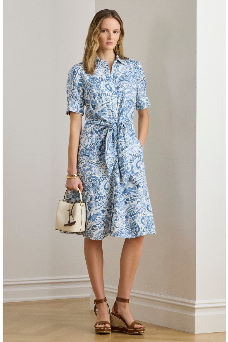 Paisley Print Linen Shirtdress, Alternate, color, WHITE/ BLUE