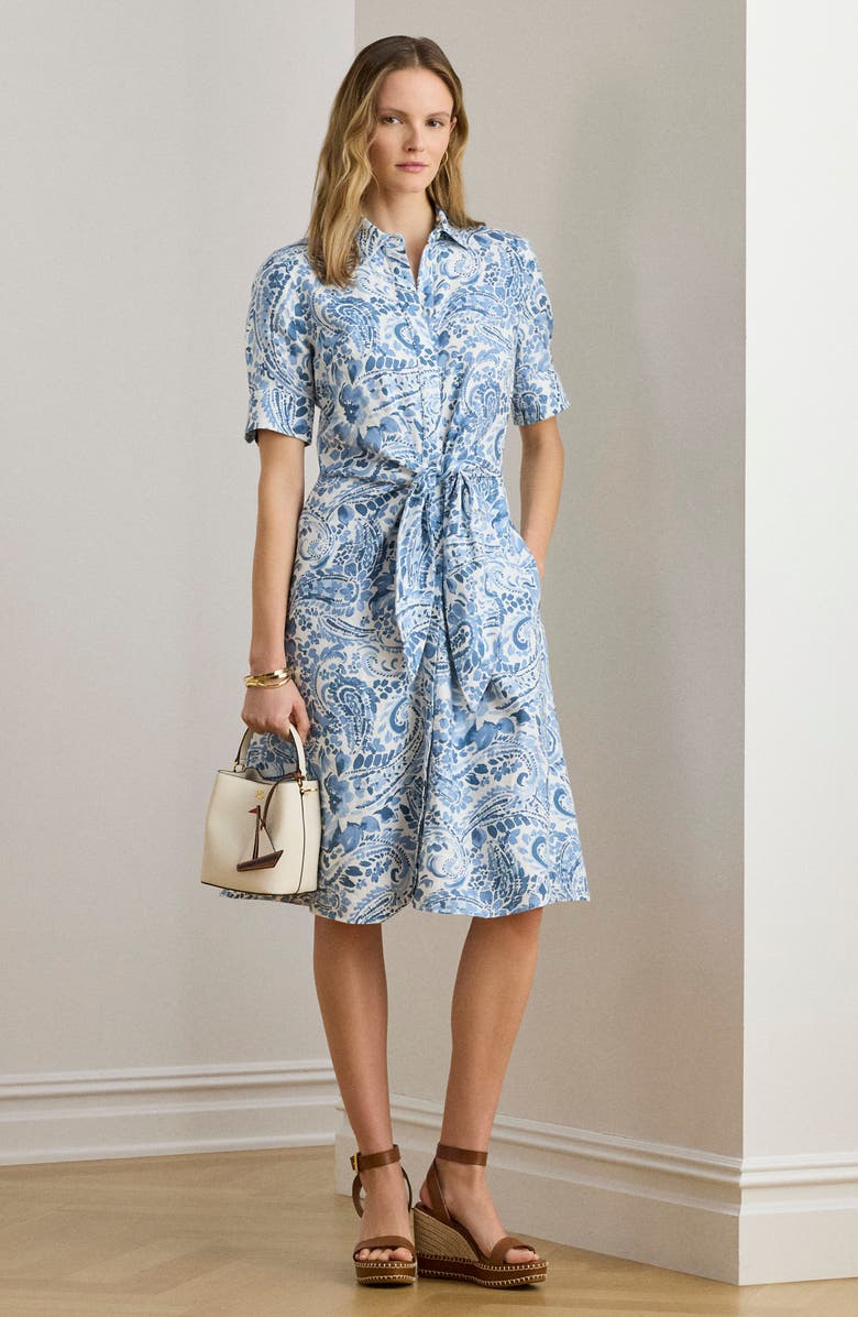 Lauren Ralph Lauren Paisley Print Linen Shirtdress, Alternate, color, White/ Blue