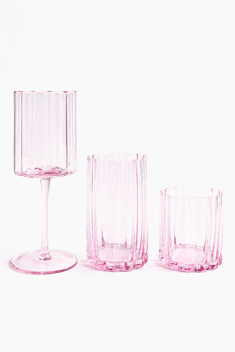 Scalloped Rim Fluted Short Tumbler Glass, Set of 4, 8oz, Blush Pink, Alternate, color, pink