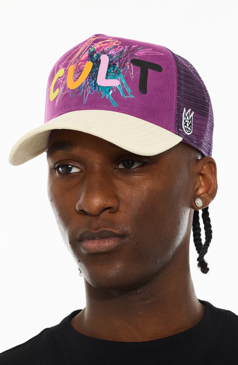 Cult of Individuality Logo Mesh Back Suede Trucker Hat, Alternate, color, Hyacinth Violet