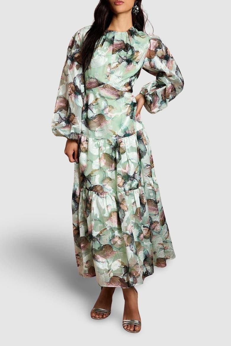 Puff Sleeve Jacquard Midaxi Dress, Alternate, color, Sage