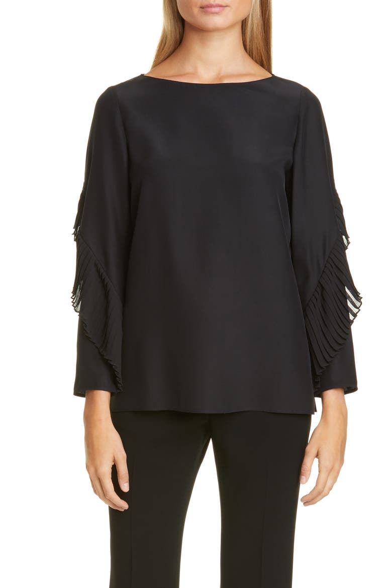 Alessia Pleated Detail Silk Blouse, Main, color, BLACK