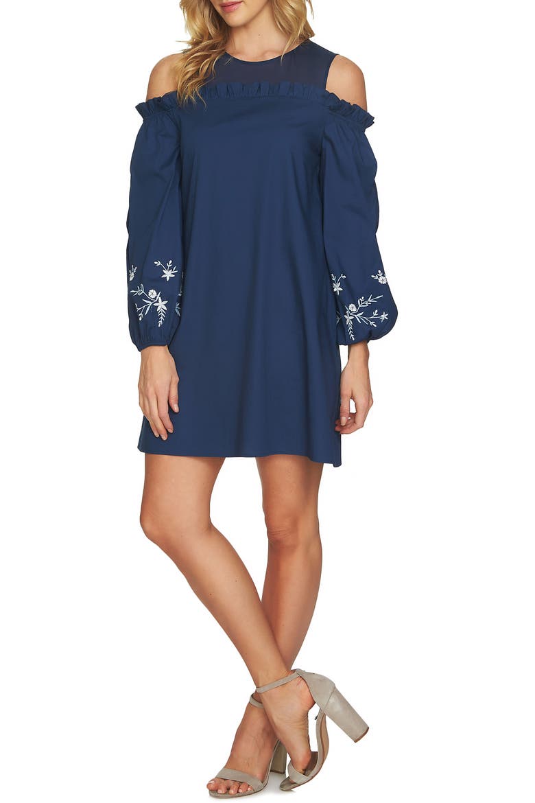 Cold Shoulder Embroidered Shift Dress, Main, color, INDIGO SKY