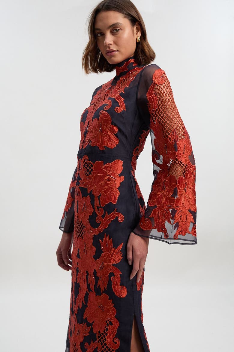 High Neck Embroidered Midi Dress, Alternate, color, Navy
