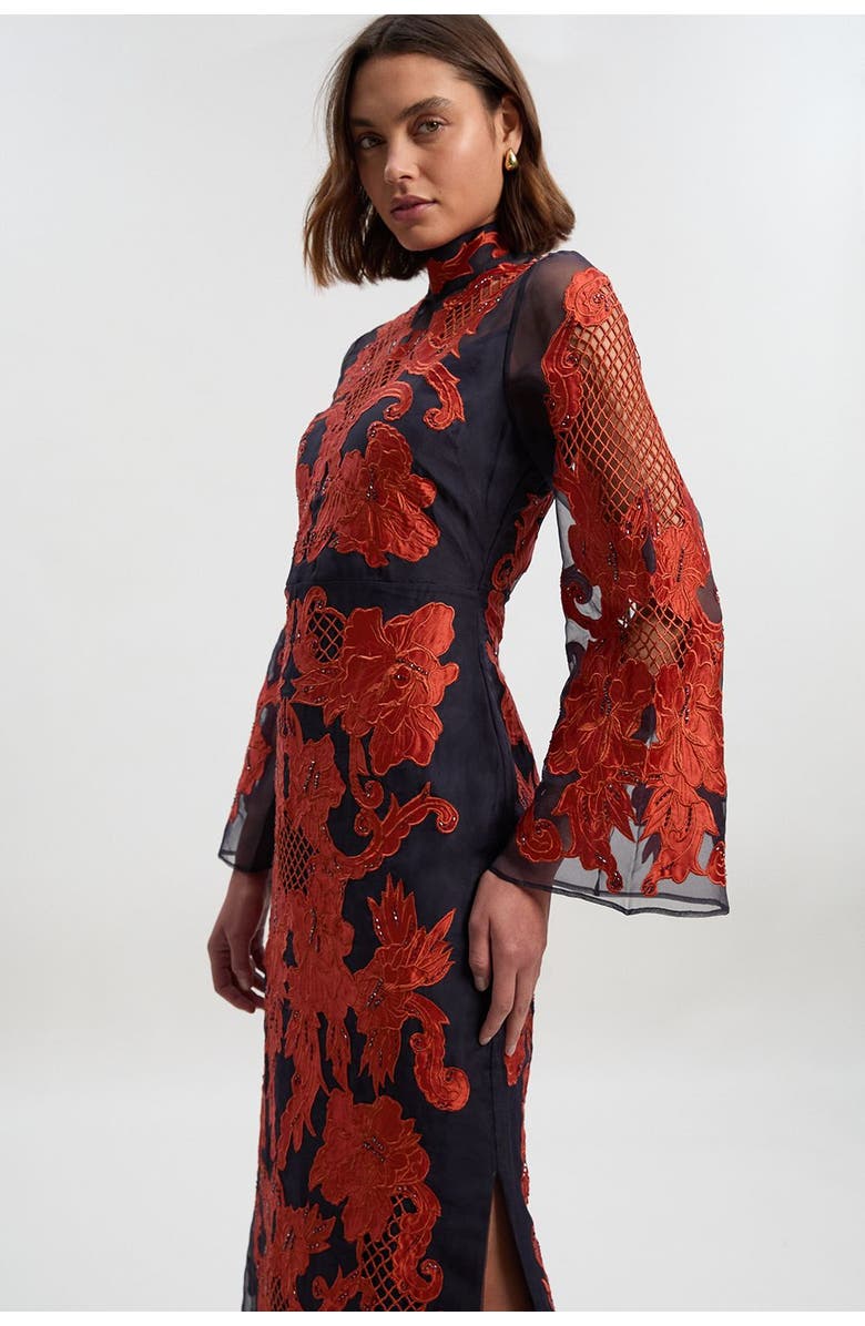 Karen Millen High Neck Embroidered Midi Dress, Alternate, color, Navy