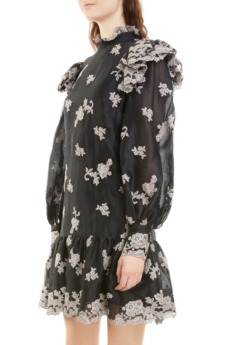 Erdem Nella Embroidered Floral Long Sleeve Organza Dress, Alternate, color, Black