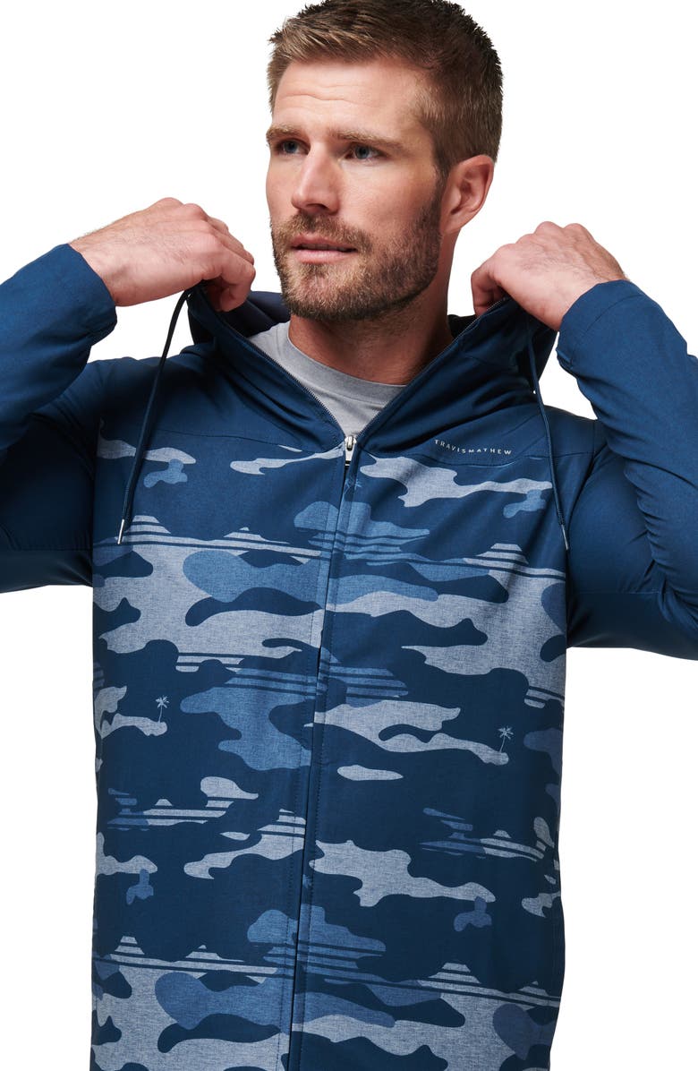 TravisMathew Camo Zip Hoodie, Alternate, color, Blue Nights
