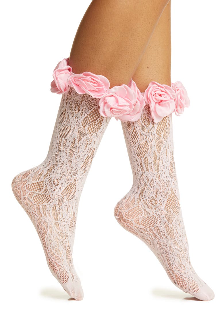 Rosetta Lace Crew Socks, Main, color, PINK