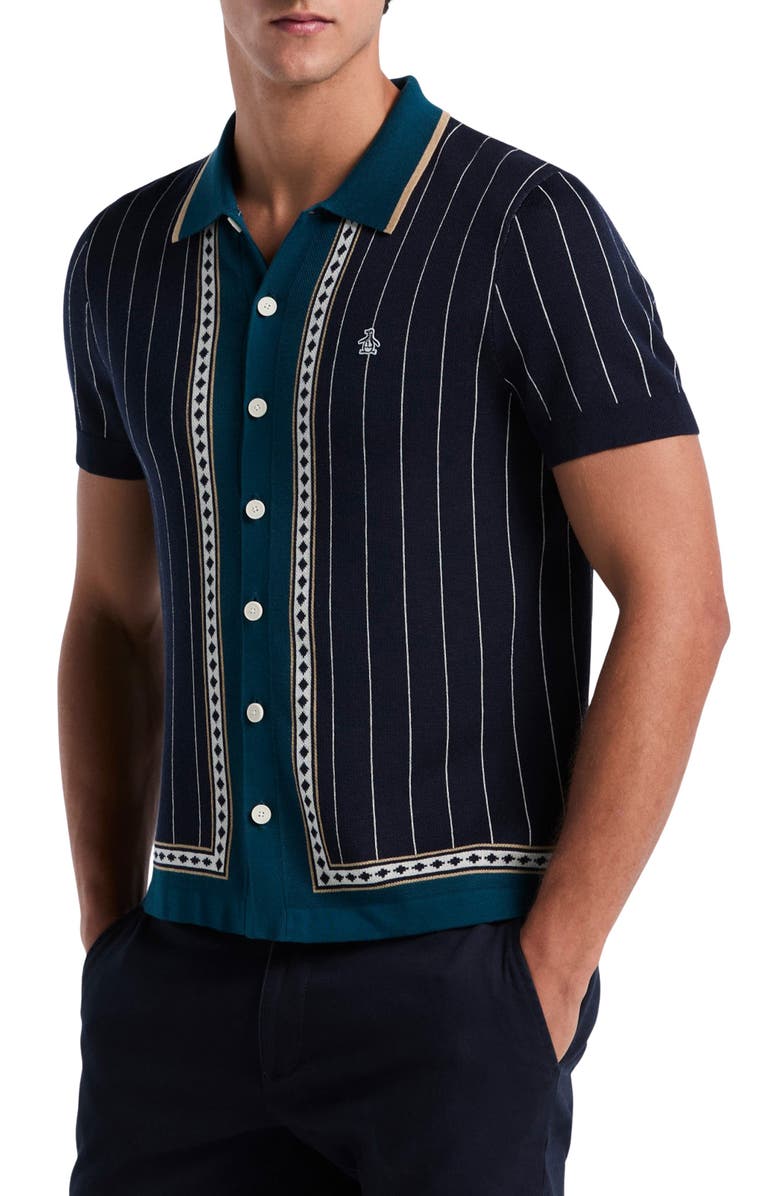 Original Penguin Stripe Jacquard Button-Up Polo, Main, color, Dark Sapphire