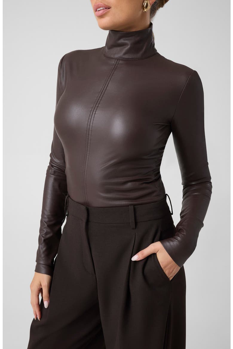 Mock Neck Faux Leather Top, Main, color, CHOCO ESPRESSO