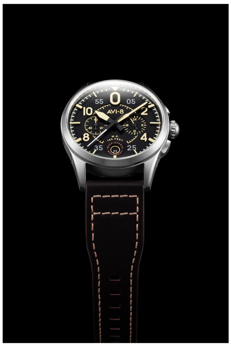 Spitfire Lock Midnight Oak Dial Chronograph Leather Strap Watch, 42mm, Alternate, color, BLACK