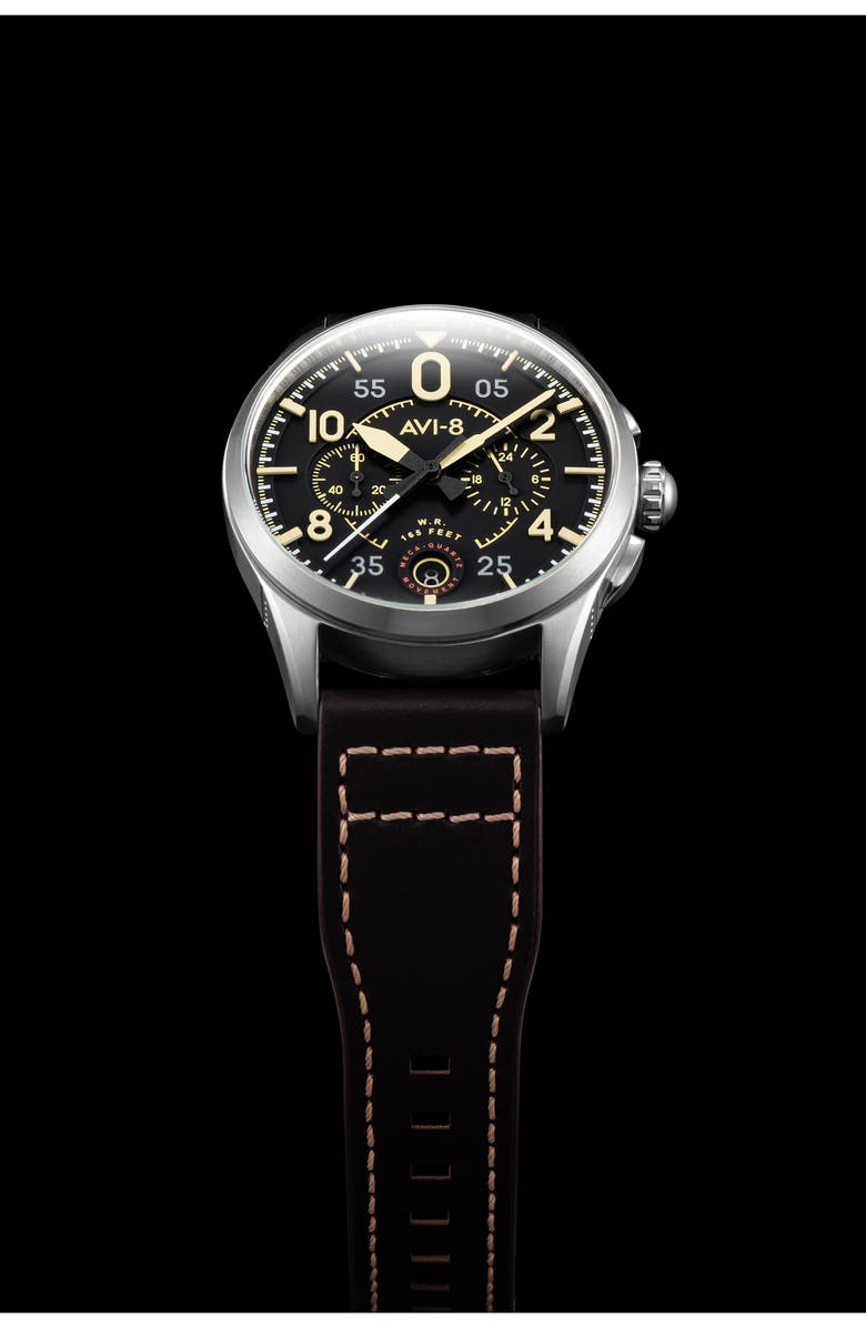 AVI-8 Spitfire Lock Midnight Oak Dial Chronograph Leather Strap Watch, 42mm, Alternate, color, Black