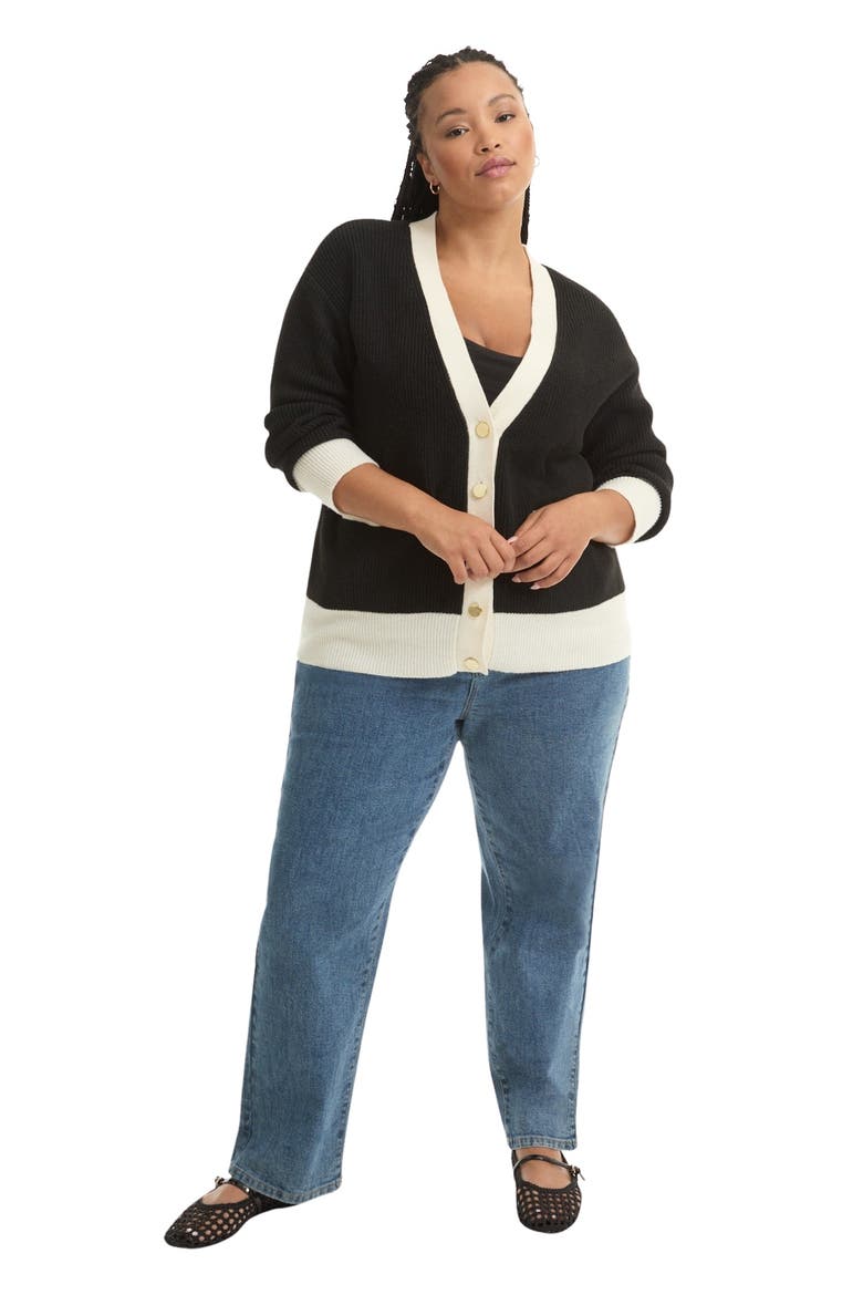Contrast V-Neck Cardigan, Main, color, BLACK AND CREAM
