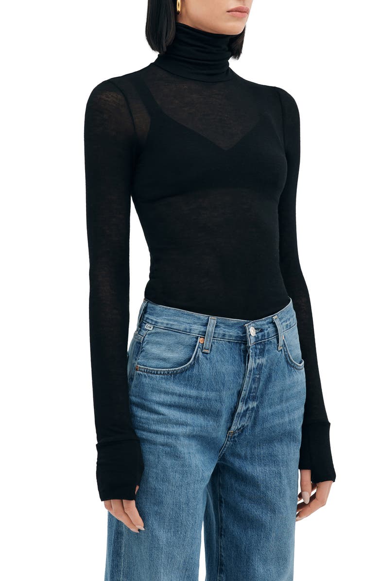 Two Lines by Marcella Tallin Sheer Turtleneck Top, Alternate, color, Black