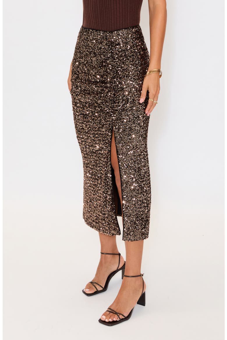 Gilded Sequin Midi Skirt, Alternate, color, DARK BROWN