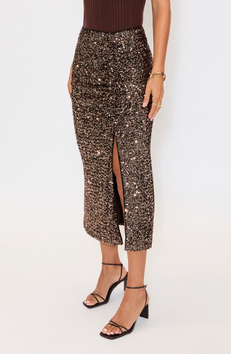 VICI Collection Gilded Sequin Midi Skirt, Alternate, color, Dark Brown
