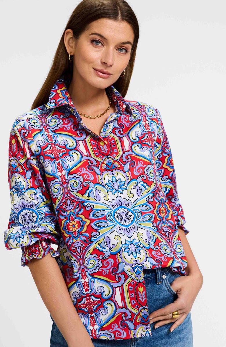 Foxcroft Olivia Smocked Cuff Cotton Shirt, Alternate, color, Red/ Multi