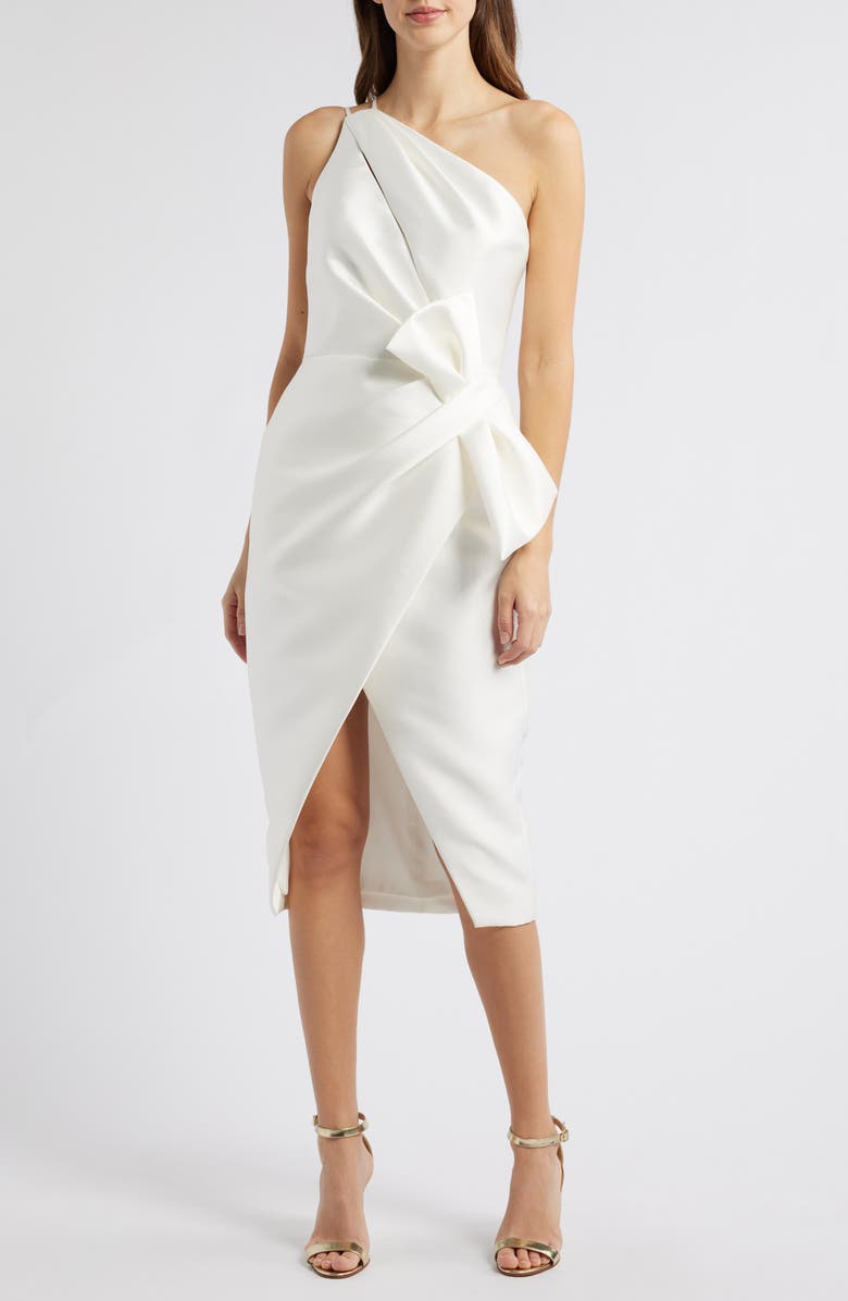 Amsale One-Shoulder Bow Detail Cocktail Sheath Midi Dress, Main, color, Ivory