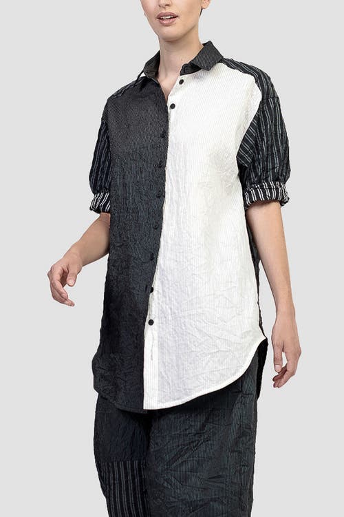 ALEMBIKA ALEMBIKA CRINKLE PATCHWORK STRIPES BUTTON-UP SHIRT 