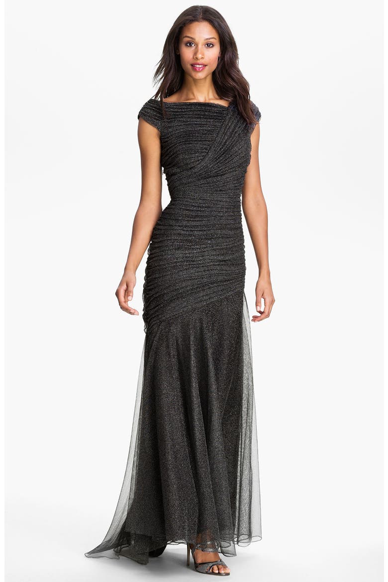 Pleated Metallic Trumpet Gown, Main, color, PEWTER