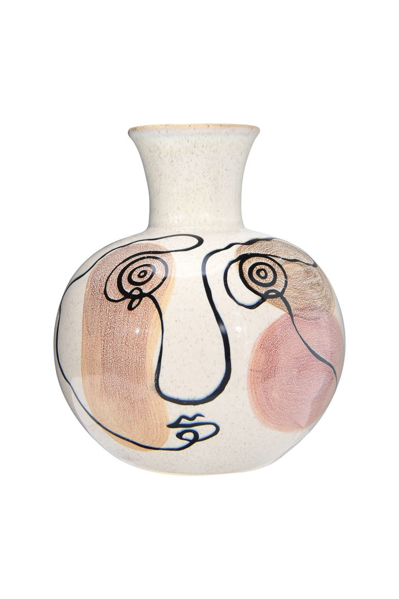 Hand-Painted with Face Stoneware Vase, Multicolor, Main, color, Multicolor
