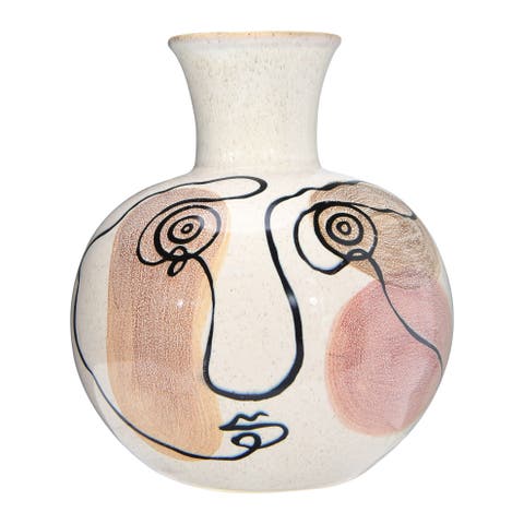 Hand-Painted with Face Stoneware Vase, Multicolor