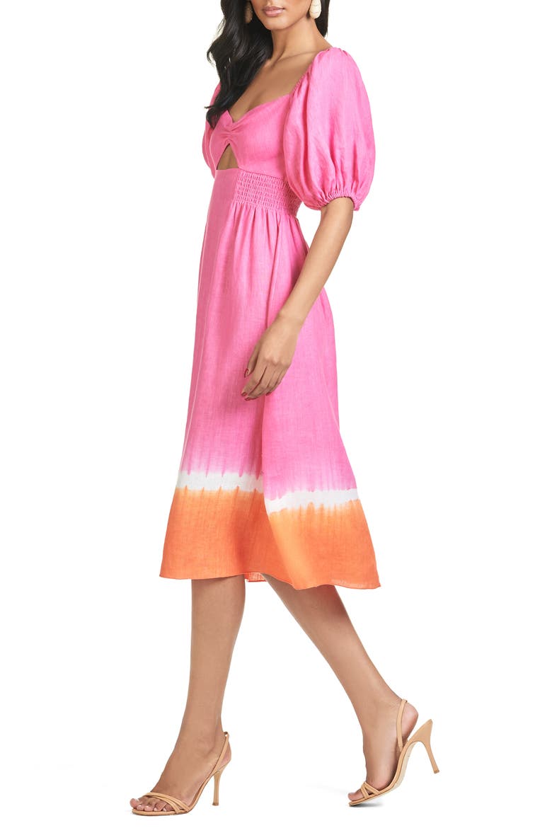 Bri Tie Dye Puff Sleeve Midi Dress, Alternate, color, FUCSHIA WITH ORANGE SHIBORI