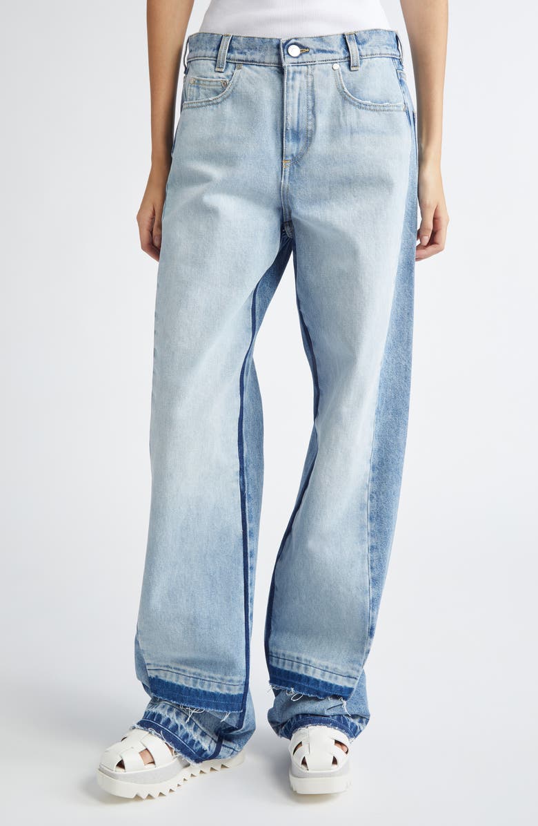 Stella McCartney Contrast Panel Raw Hem High Waist Straight Leg Jeans, Main, color, 