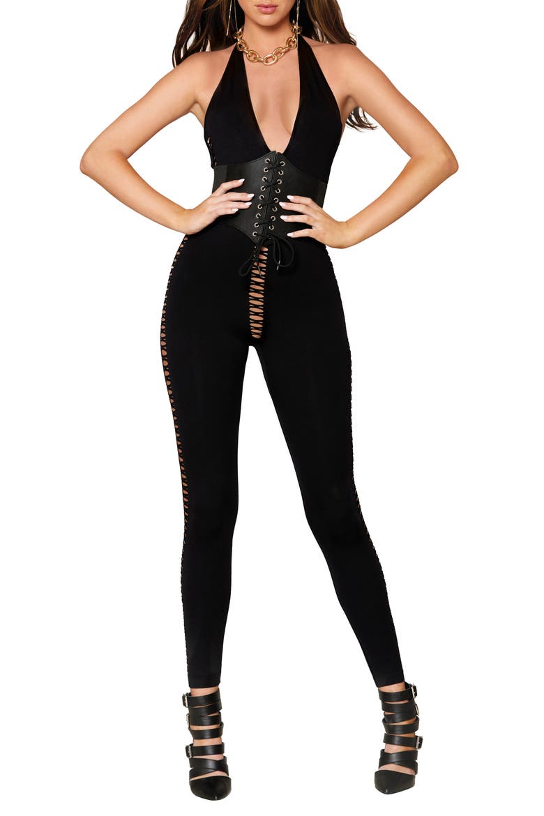 Strappy Cutout Catsuit, Alternate, color, BLACK