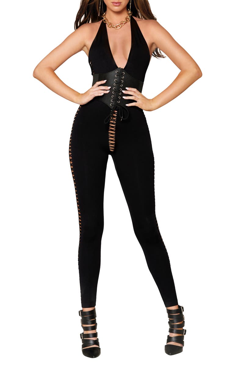 Dreamgirl Strappy Cutout Catsuit, Alternate, color, Black