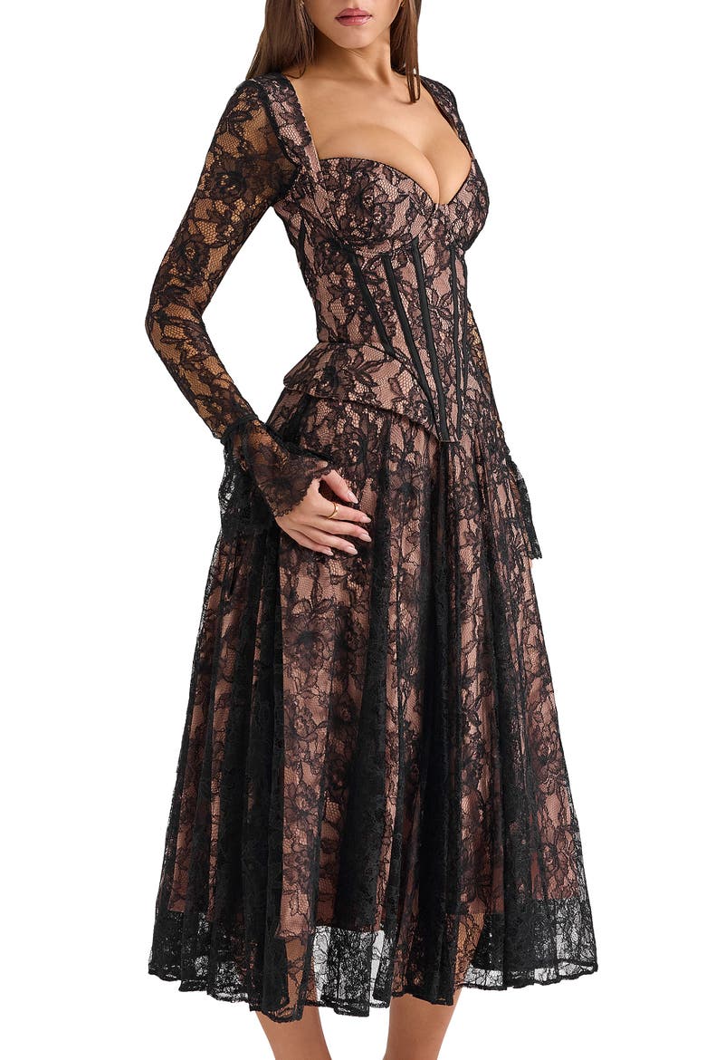 Raquel Long Sleeve Lace Corset Dress, Alternate, color, BLACK