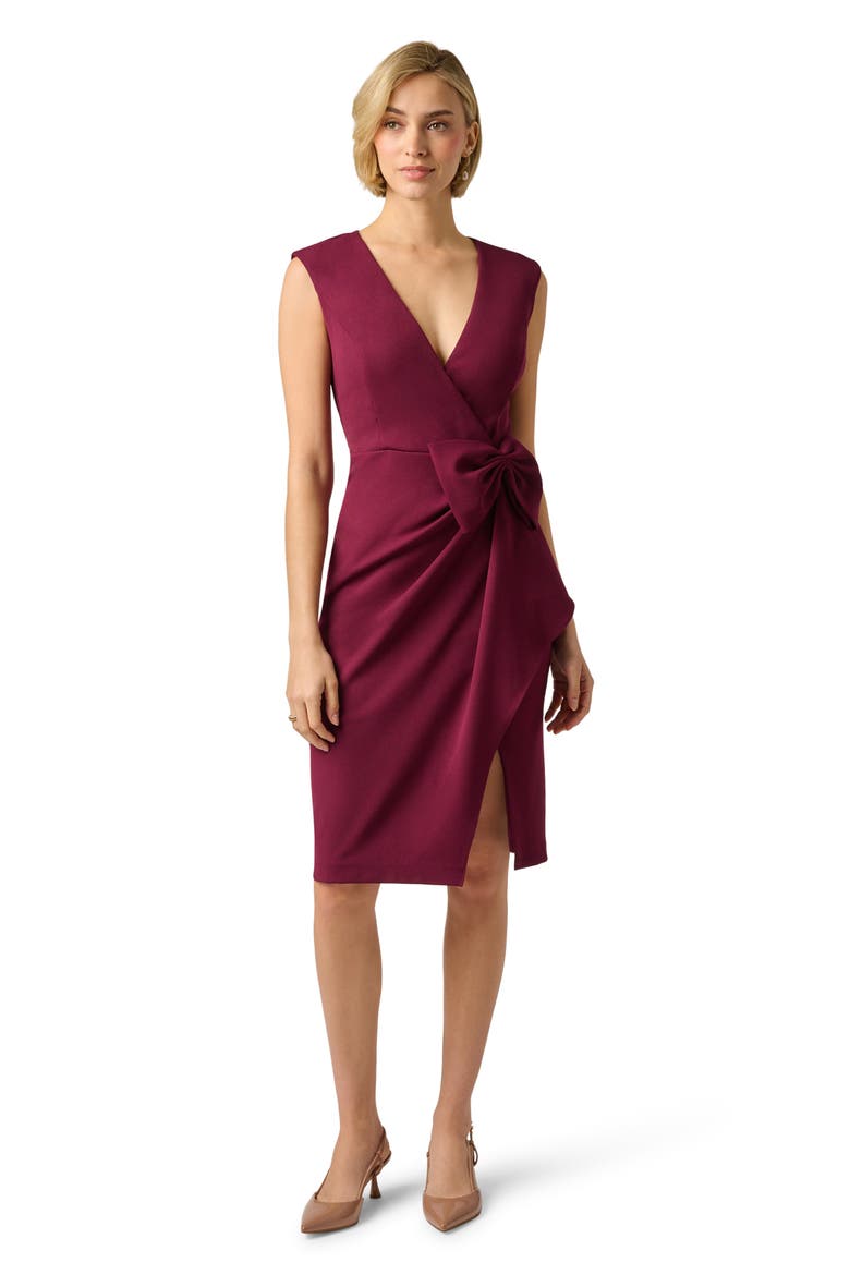 Sleeveless Bow Crepe Sheath Dress, Alternate, color, CABERNET