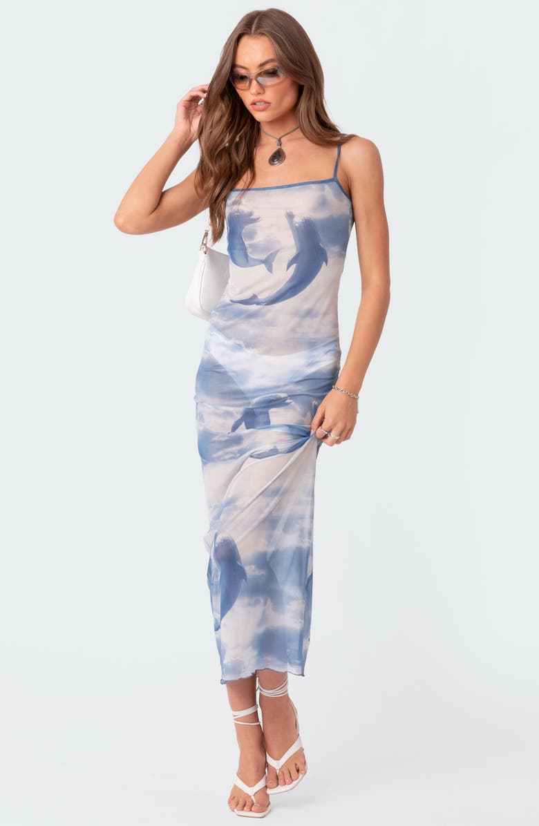 EDIKTED Dolphin Print Sheer Mesh Slipdress, Alternate, color,