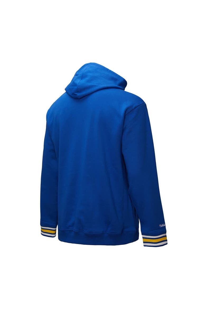 Men's Mitchell & Ness Royal Golden State Warriors Chainstitch Applique Vintage Heavyweight Pullover Hoodie, Alternate, color, Royal