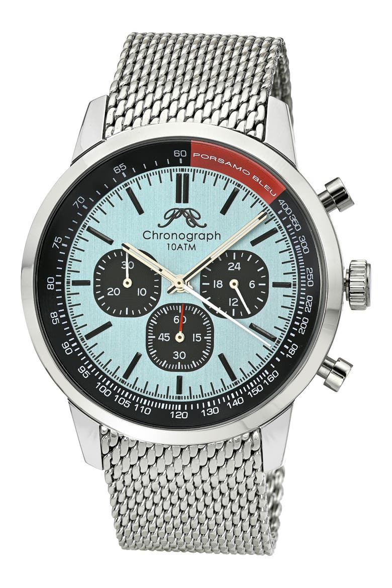 Simon Mesh Strap Chronograph Watch, 22mm, Main, color, SILVER TONE/BLACK AND BLUE