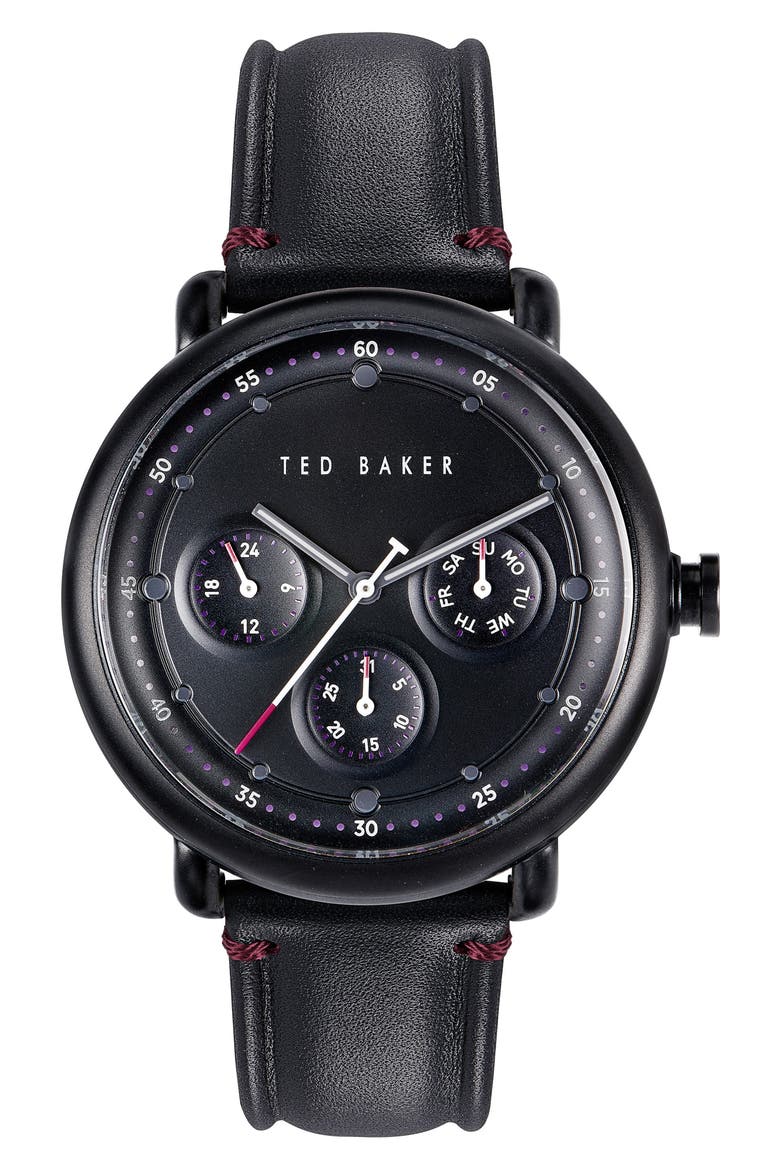London Ivybird Multifunction Leather Strap Watch, 43mm, Main, color, BLACK