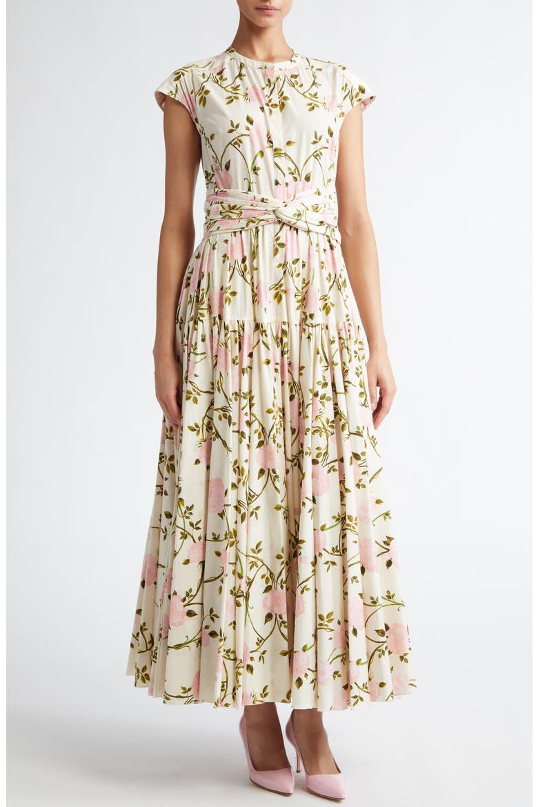Rose Print Gathered Waist Midi Dress, Main, color, IVORY/ MULTI
