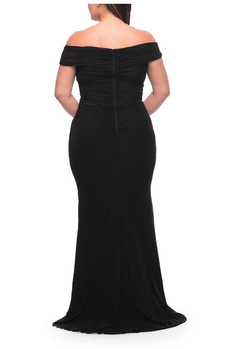 La Femme Long Net Jersey Plus Dress with Bodice Design, Alternate, color, Black