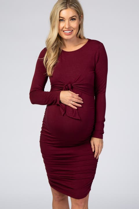 Ruched Fitted Front Bow Maternity/nursing Dress