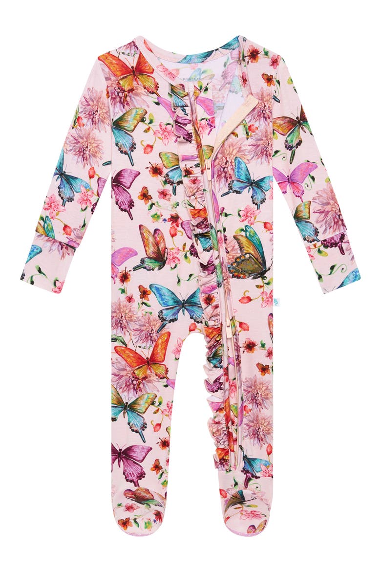 Watercolor Butterfly Ruffle Fitted Footie Pajamas, Main, color, OPEN PINK