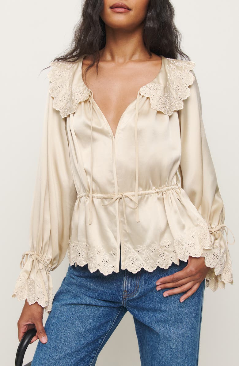 Reformation x Kacey Musgraves Lillie Eyelet Embroidered Silk Top, Main, color,