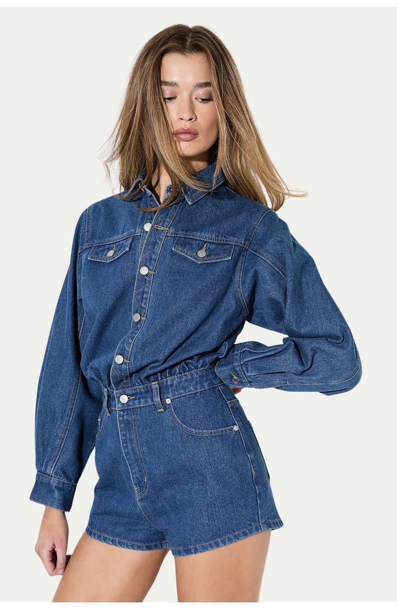 MissPap Structured Shoulder Denim Playsuit, Main, color, Mid Wash