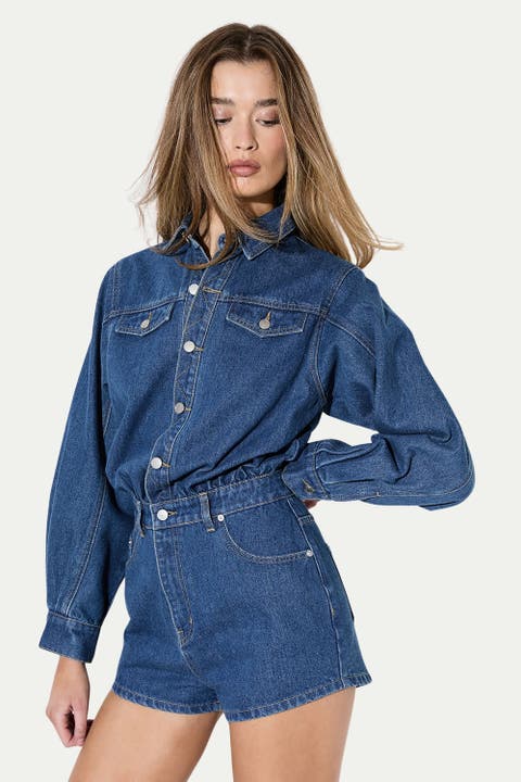 Structured Shoulder Denim Playsuit