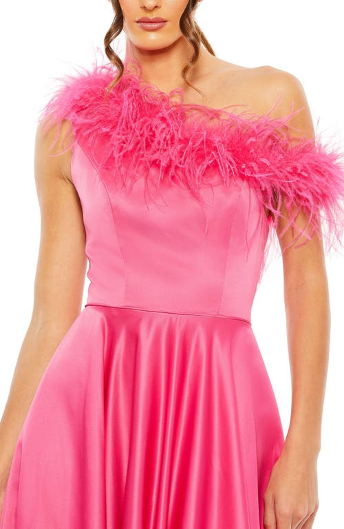Mac Duggal One Shoulder A Line Gown With Feather Detail In Hot Pink