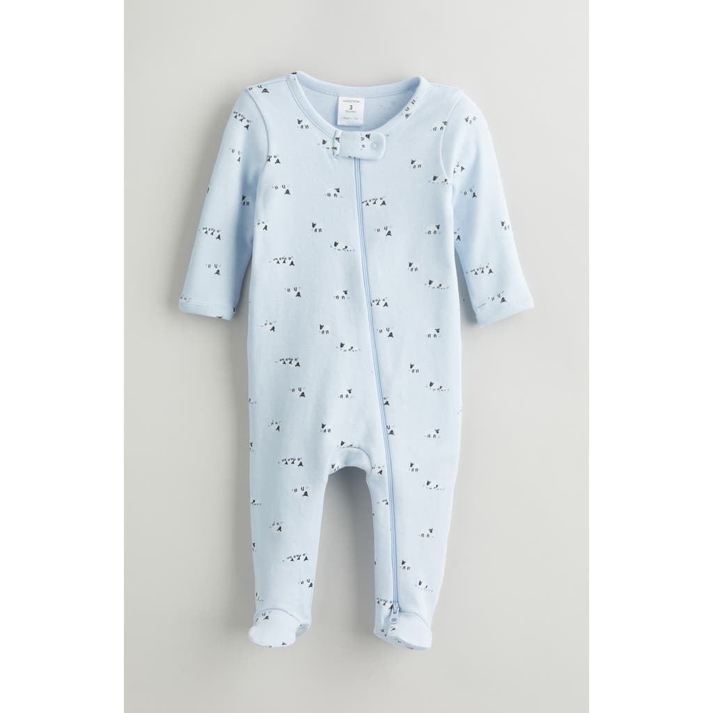 Nordstrom Print Zip Cotton Footie In Blue Feather Sheep