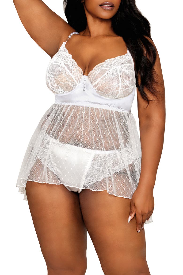 Lace & Satin Babydoll Chemise & Panty Set, Main, color, WHITE