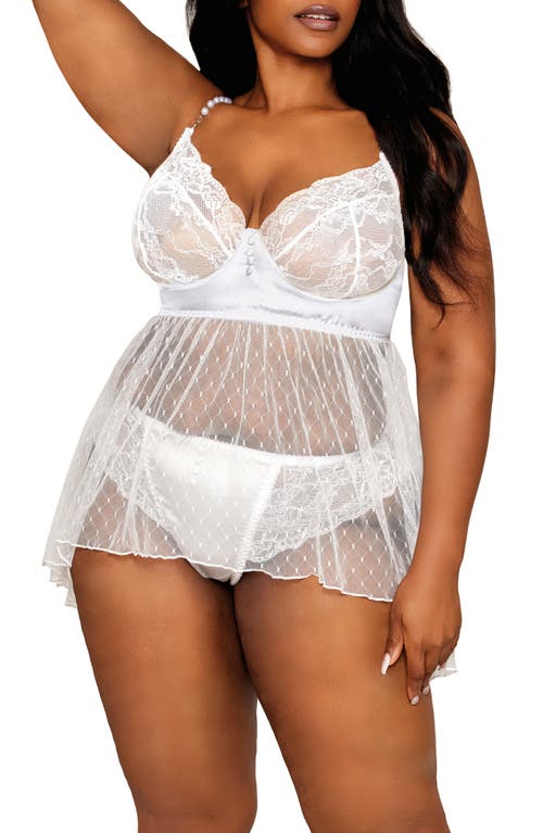 Dreamgirl Lace & Satin Babydoll Chemise & Panty Set in White at Nordstrom, Size 2 X