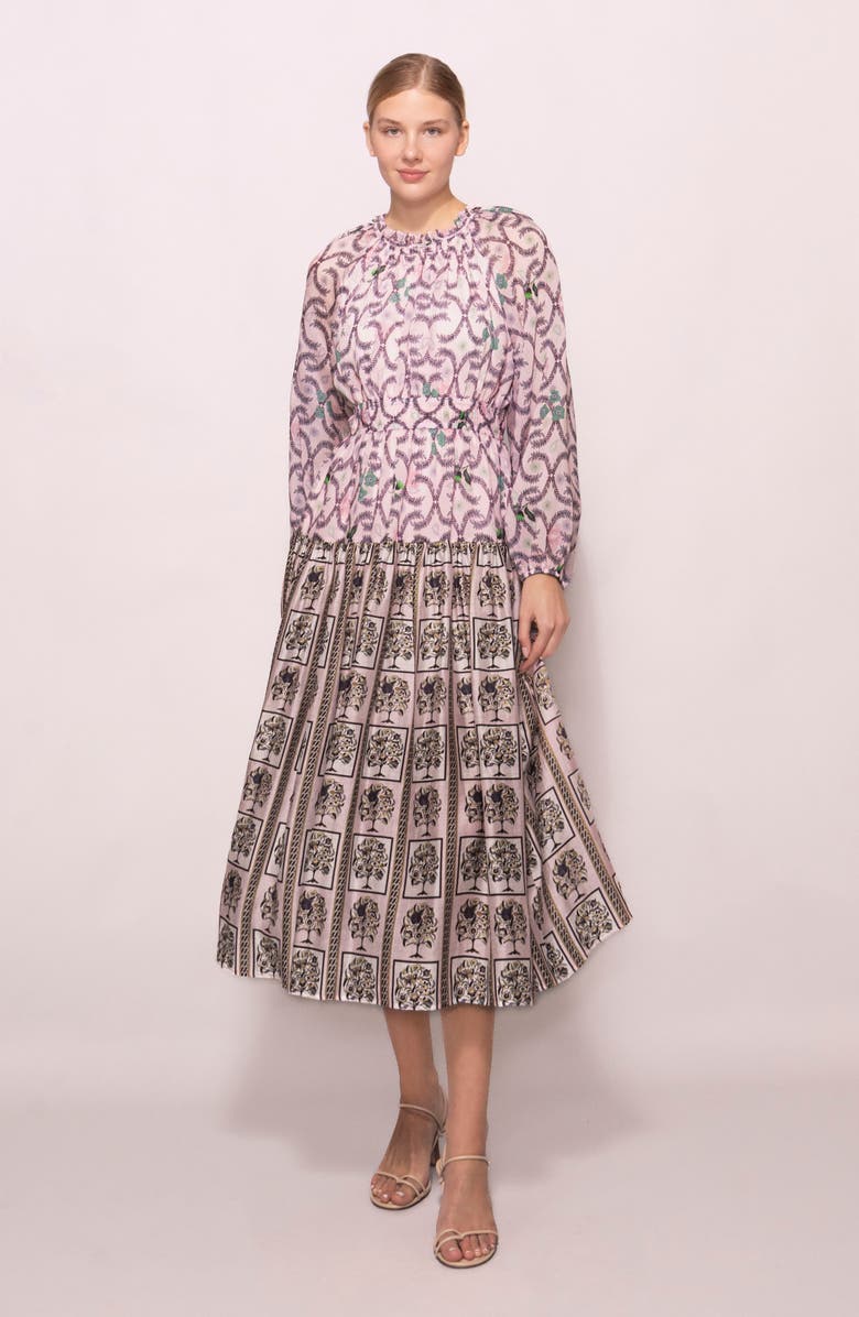 MELLODAY Printed Shirred Midi Dress, Alternate, color, Lilac Multi